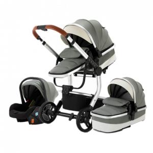 EUFER Carrinho de Bebê 3 em 1 em Couro Sintético e com Rodas de Borracha, Cinza