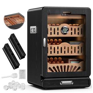 Umidor de Charutos, Caixa de Mesa com Tampa de Vidro, Tray de Cedro Espanhol, Gaveta de Acessórios, 2 Hidrificadores em Gel