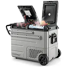 Refrigerador de carro COSTWAY com rodas, refrigerador elétrico de zona dupla de 51 quart de temperatura única, 12V 24V DC, 100 240V AC