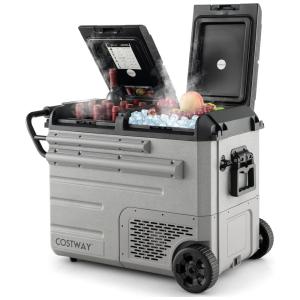 Refrigerador de carro COSTWAY com rodas, refrigerador elétrico de zona dupla de 51 quart de temperatura única, 12V 24V DC, 100 240V AC