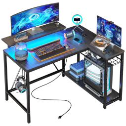Mesa Gamer em Fibra de Carbono 42" 106 cm com Luz LED, Prateleiras Reversíveis, Tomadas, Gancho para Fone de Ouvido e Portas USB, 110V