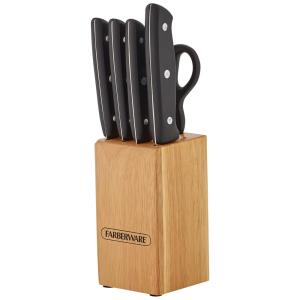 Conjunto de Facas com Cabo Ergonômico Lâmina em Aço Inoxidável e Bloco de Bancada, 6 Peças, FARBERWARE 5089582, Preto