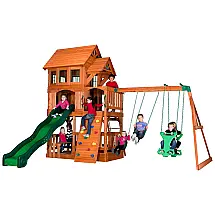 Playground Infantil de Madeira com Caixa de Areia, Parede de Escalada, Escorregador de Ondas, 2 Balanços e Planador para 2 Pessoas