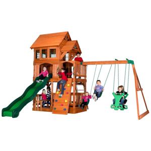 Playground Infantil de Madeira com Caixa de Areia, Parede de Escalada, Escorregador de Ondas, 2 Balanços e Planador para 2 Pessoas