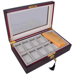 Caixa, Estojo de Madeira com Visor de Vidro para Relógios com 12 Compartimentos, Yescom, Marrom Escuro