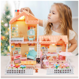 Casa de Bonecas com 4 Quartos e Luzes para Crianças de 4 Anos ou Mais, OENUX, Amarelo