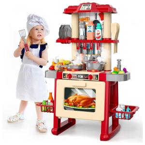Cozinha de Brinquedo Realista com 73 Peças para Crianças de 3 a 8 Anos, Lucky Doug, Vermelha