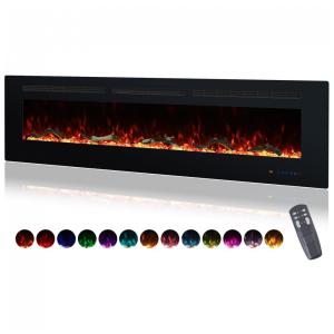 Lareira Elétrica Valuxhome de 182,88 cm Embutida na Parede com 13 Cores de Chamas, Troncos e Cristais Realistas, Temperatura Ajustável de