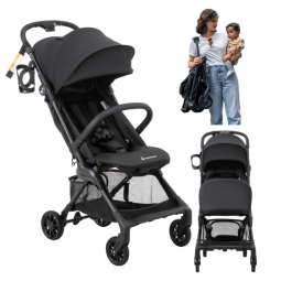 Carrinho compacto BabbleRoo Hoplite Preto Jet Black - Ultraleve 5,6 kg, Estrutura em Liga de Aço, Reclinação 175°, Capota Impermeável UPF