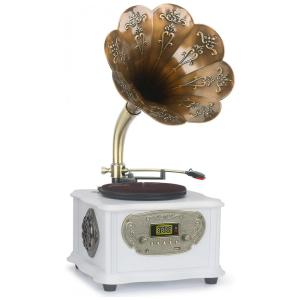 Gramofone Retrô com Entrada USB, AUX, Rádio FM, Bluetooth e Controle Remoto, GDEAST, Branco