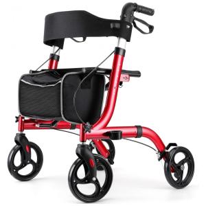 Andador Adulto Idoso com Apoio de Braço, Assento Acolchoado e Cesto, Suporta até 136 kg, RINKMO, Vermelho