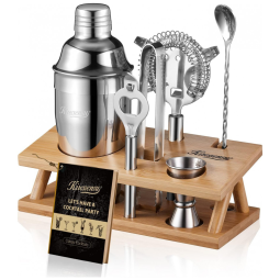 Kit Bartender Profissional 6 Peças em Aço Inoxidável com Suporte de Bambu, KITESSENSU, Prata