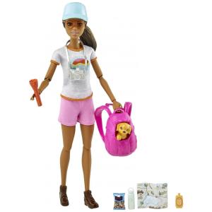 Boneca Barbie para Caminhadas com Cachorro, 9 acessórios, Incluindo Mochila para Transporte de Animais de Estimação