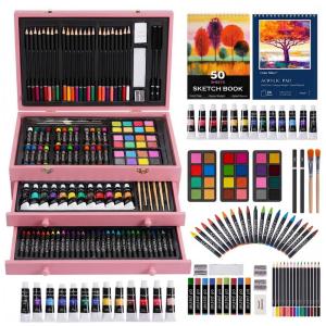 Kit Lápis de Cor Profissional com Maleta de Madeira 175 Peças e Tintas Acrílicas, Aquarela, Color More, Rosa