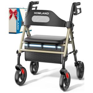 Andador Rollator Dobrável com Assento para Idosos, Rodas Grandes de 20,32 cm, Suporta até 159 Kg, Altura Ajustável - Andador