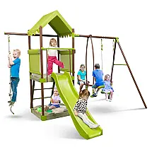 Playground Infantil de Metal com Corda de Escalada, Caixa de Areia, Planador para 2 Pessoas e Escorregador, HONEY JOY, Verde