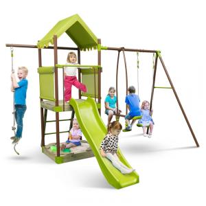 Playground Infantil de Metal com Corda de Escalada, Caixa de Areia, Planador para 2 Pessoas e Escorregador, HONEY JOY, Verde