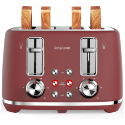 Torradeira Retrô 4 Fatias com Desligamento Automático e 6 Níveis de Tostagem, 110V 1500W, LONGDEEM, Vermelha