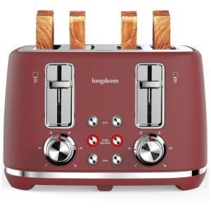 Torradeira Retrô 4 Fatias com Desligamento Automático e 6 Níveis de Tostagem, 110V 1500W, LONGDEEM, Vermelha