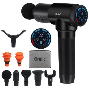 Massageador Pistola Elétrico Profissional Sem Fio 8 Acessórios e 30 Velocidades, OREIIC, Preto