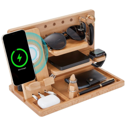 Porta Chaves e Organizador Tudo em Um de Madeira com Suporte para Celular, AW BRIDAL, Marrom