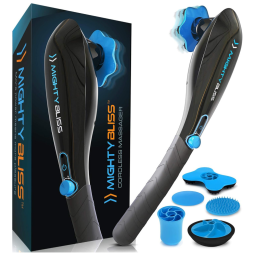 Massageador Terapêutico Elétrico de Percussão sem Fio Portátil com 6 Acessórios, MIGHTY BLISS 201, Preto, Cinza e Azul