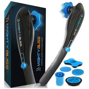 Massageador Terapêutico Elétrico de Percussão sem Fio Portátil com 6 Acessórios, MIGHTY BLISS 201, Preto, Cinza e Azul