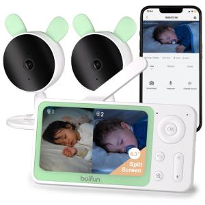 Babá Eletrônica com Monitor LCD de Tela Dividida e Vídeo WiFi, Controle via APP, 2 Câmeras, BOIFUN, Verde e Branca