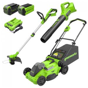 Combo Greenworks 40V: Cortador de Grama Sem Fio, Soprador de Folhas e Aparador de Grama com Bateria 4.0Ah e 2.0Ah - Kit Completo