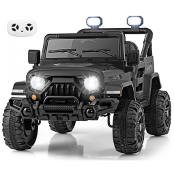 Carro Elétrico Infantil OLAKIDS Preto 12V Controle Remoto Jeep LED Bluetooth 2 Velocidades Suspensão Música USB MP3 3-8 Anos