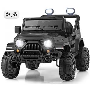 Carro Elétrico Infantil OLAKIDS Preto 12V Controle Remoto Jeep LED Bluetooth 2 Velocidades Suspensão Música USB MP3 3-8 Anos