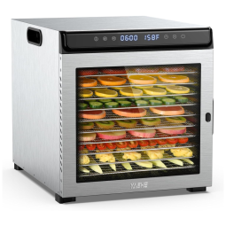 Desidratador de Alimentos em Aço Inoxidável com Temporizador 72H, Controle de Temperatura e Livro de Receitas, 110V 1100W, YASHE, Prata
