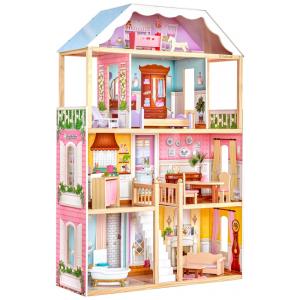 Casa de Bonecas de Madeira com 14 Acessórios 4 Andares para Crianças a partir de 3 anos, KidKraft, Rosa