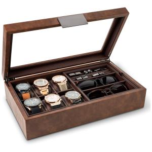 Caixa, Estojo de Couro para Relógios com 6 Compartimentos, Glenor Co, Marrom