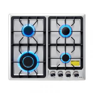 Cooktop a gás de embutir 58 cm VEVOR vidro temperado preto/inox 4 queimadores dupla alimentação GN/GLP proteção termopar 110V