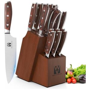 Conjunto de Facas Vestaware em Aço Japonês com Bloco de Bancada e Afiador Embutido, 16 Peças, Marrom
