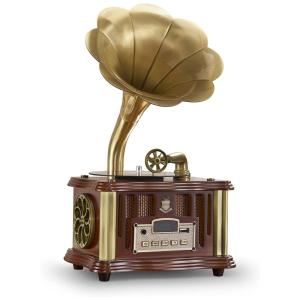 Mini Gramofone Retrô com Entrada USB, AUX, Rádio FM, Bluetooth e Controle Remoto, Artisam, Marrom
