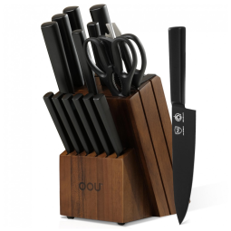 Conjunto de Facas em Aço Inoxidável com Bloco de Bancada e Afiador Embutido, 15 Peças, OOU, Preto e Marrom