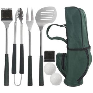 Grilljoy 8pcs BBQ Grill Tools Set. Extra Thick Stainless Steel Fork, Spatula,Tongs Cleaning Brush Complete Golf Style Grilling Accessories
