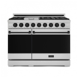 Fogão a gás profissional 122 cm Gordon Ramsay THOR Kitchen inox/preto, 7 queimadores, chapa 15.000 BTU, 2 fornos com convecção 198 L e 62 L