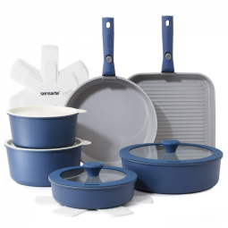 Jogo de Panelas e Frigideiras Antiaderentes, Material em Alumínio com 17 Peças e Cabo Removível, SENSARTE, Azul