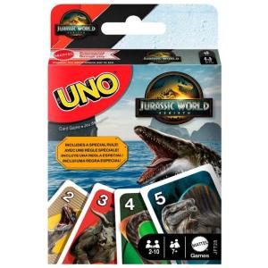 Jogo de cartas UNO Jurassic World Rebirth Mattel, deck temático com regra especial Ataque do T-Rex