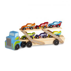 Caminhão Transportador de Carros de Corrida, Trator e Trailer de Madeira com 6 Carros Exclusivos, Melissa & Doug