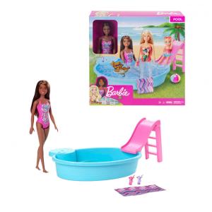 Boneca Barbie Morena com Escorregador Rosa, Acessórios para Bebidas e Toalha, Rosa