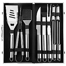 Kit Churrasco na Grelha 10 Peças de Aço Inoxidável com Estojo de zenamento, AZHLUF, Prateado