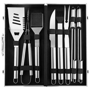 Kit Churrasco na Grelha 10 Peças de Aço Inoxidável com Estojo de zenamento, AZHLUF, Prateado