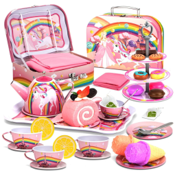 Jogo de Chá Infantil em Lata 42 Peças com Tema de Unicórnio e Maleta de Transporte para Crianças Acima de 3 Anos, SPEEDYEAH, Rosa