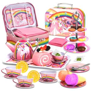 Jogo de Chá Infantil em Lata 42 Peças com Tema de Unicórnio e Maleta de Transporte para Crianças Acima de 3 Anos, SPEEDYEAH, Rosa