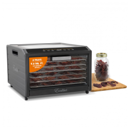 Desidratador de Alimentos Elétrico com 6 Bandejas, Controle de Temperatura e Porta de Vidro para Visualização, 700W, Excalibur, Preto