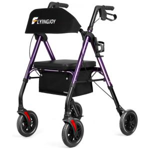 Andador para Idoso Dobrável até 136kg com Assento, Encosto Extra Largo e Suporte para Bengala, FlyingJoy, Roxo